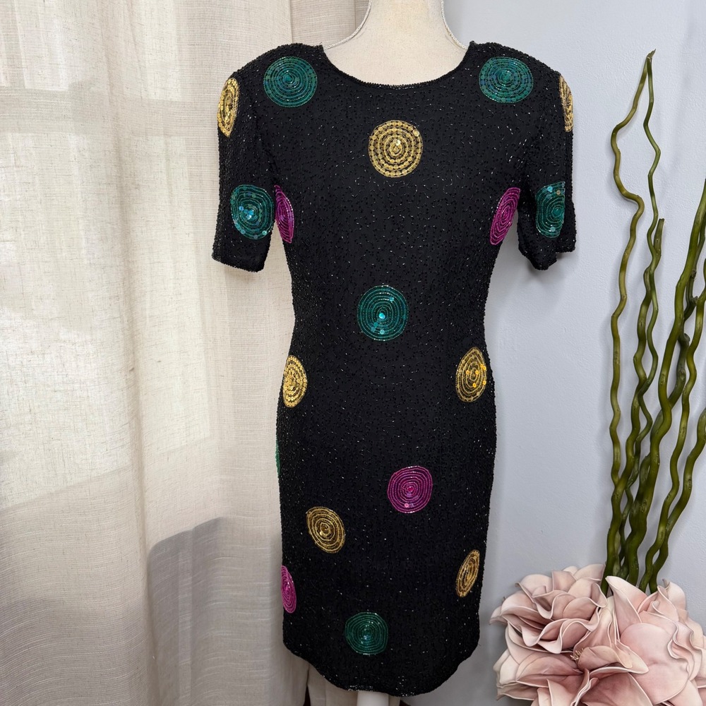 Vintage Scala Silk Beaded Sequin Swirl Cocktail Dress Black Circles Womens Small